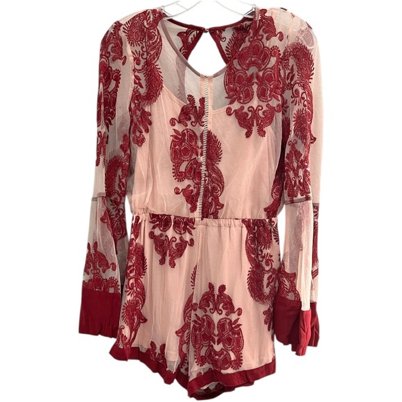 MINIPINK Burgundy Sheer Mesh Romper Bell Sleeve Boho Festival Floral Size Small - Picture 16 of 16